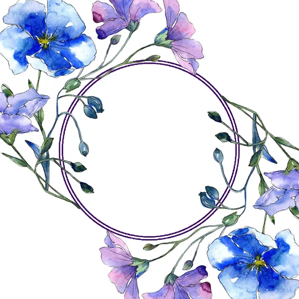 Modré Květy Lnu Květinové Botanické Květin Frame Hranice Ozdoba Náměstí — Stock fotografie