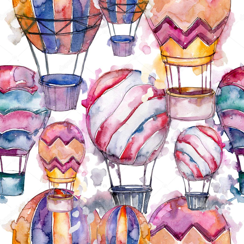 Hot air balloons background fly air transport illustration. Seamless background pattern. Fabric wallpaper print texture.