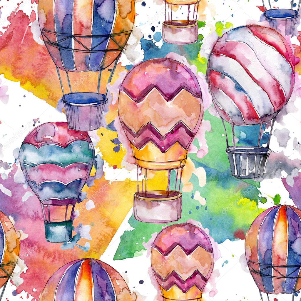 Hot air balloons background fly air transport illustration. Seamless background pattern. Fabric wallpaper print texture.