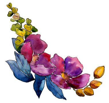 Renkli buket tropik çiçekler. Botanik çiçek. İzole illüstrasyon öğesi. Arka plan, doku, sarıcı desen, çerçeve veya kenarlık için Aquarelle kır çiçeği.