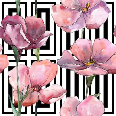 Kır çiçeği pembe keten. Botanik çiçek. Sorunsuz arka plan deseni. Kumaş duvar kağıdı yazdırma doku. Arka plan, doku, sarıcı desen, çerçeve veya kenarlık için Aquarelle kır çiçeği.