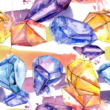 Renkli elmas taş takı mineral. Sorunsuz arka plan deseni. Kumaş duvar kağıdı yazdırma doku. Geometrik kuvars çokgen kristal taş mozaik şekil Ametist mücevher.