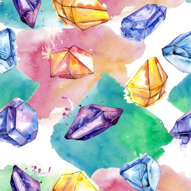 Renkli elmas taş takı mineral. Sorunsuz arka plan deseni. Kumaş duvar kağıdı yazdırma doku. Geometrik kuvars çokgen kristal taş mozaik şekil Ametist mücevher.