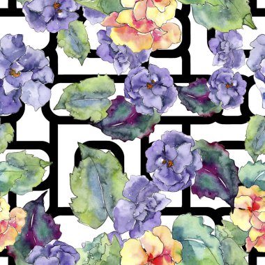 Mor ve turuncu gardania çiçekler. Sorunsuz arka plan deseni. Kumaş duvar kağıdı yazdırma doku. Arka plan, doku, sarıcı desen, çerçeve veya kenarlık için Aquarelle kır çiçeği.