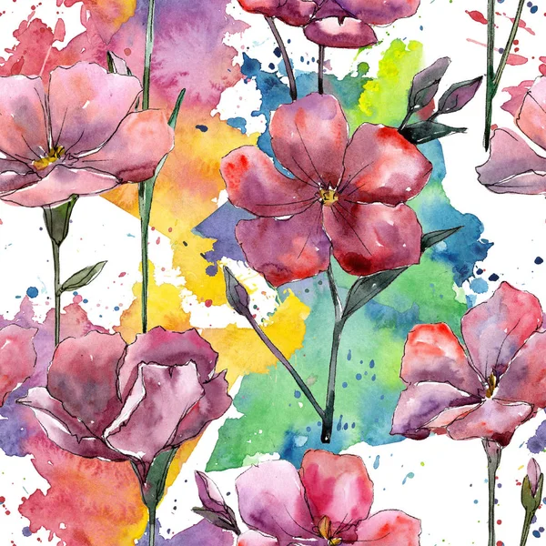 ワイルドフラワー ピンク亜麻 花植物の花 シームレスな背景パターン 壁紙印刷手触りの生地 テクスチャ ラッパー パターン フレームや境界線の Aquarelle — ストック写真