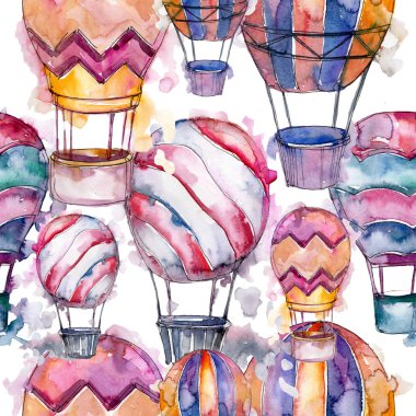 Sıcak hava balon arka plan fly hava taşıma illüstrasyon. Sorunsuz arka plan deseni. Kumaş duvar kağıdı yazdırma doku.