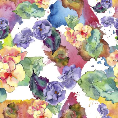 Mor ve turuncu gardania çiçek. Botanik çiçek. Sorunsuz arka plan deseni. Kumaş duvar kağıdı yazdırma doku. Arka plan, doku, sarıcı desen, çerçeve veya kenarlık için Aquarelle kır çiçeği.