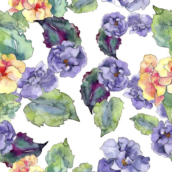 紫とオレンジ色の Gardania 花植物の花 シームレスな背景パターン 壁紙印刷手触りの生地 テクスチャ ラッパー パターン フレームや境界線の Aquarelle — ストック写真