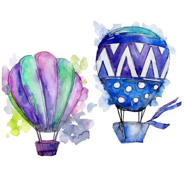 Mor ve mavi sıcak hava balonları arka plan fly hava taşıma illüstrasyon. İzole illüstrasyon öğesi.