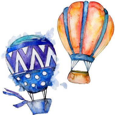 Turuncu ve mavi sıcak hava balonları arka plan fly hava taşıma illüstrasyon. İzole illüstrasyon öğesi.