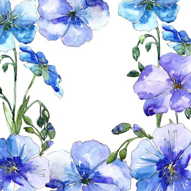 Mavi keten çiçek. Botanik çiçek. Çerçeve kenarlığı süsleme Meydanı. Arka plan, doku, sarıcı desen, çerçeve veya kenarlık için Aquarelle kır çiçeği.