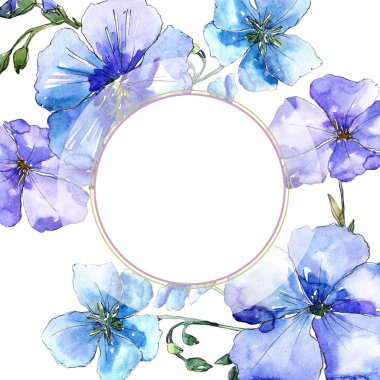 Mavi keten çiçek. Botanik çiçek. Çerçeve kenarlığı süsleme Meydanı. Arka plan, doku, sarıcı desen, çerçeve veya kenarlık için Aquarelle kır çiçeği.