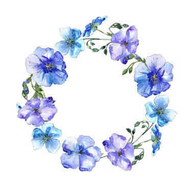 Mavi keten çiçek. Botanik çiçek. Çerçeve kenarlığı süsleme Meydanı. Arka plan, doku, sarıcı desen, çerçeve veya kenarlık için Aquarelle kır çiçeği.