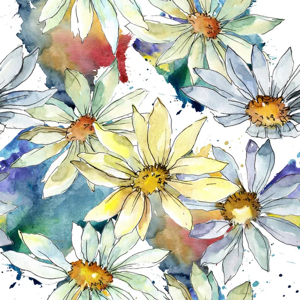 White daisy flower. Floral botanical flower. Seamless background pattern. Fabric wallpaper print texture. Aquarelle wildflower for background, texture, wrapper pattern, frame or border.