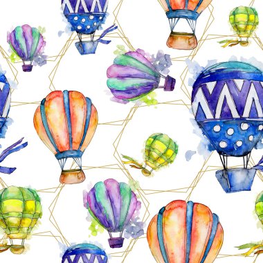 Sıcak hava balon arka plan fly hava taşıma illüstrasyon. Sorunsuz arka plan deseni. Kumaş duvar kağıdı yazdırma doku.