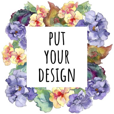 Mor ve turuncu gardania çiçek. Botanik çiçek. İzole illüstrasyon öğesi. Arka plan, doku, sarıcı desen, çerçeve veya kenarlık için Aquarelle kır çiçeği.