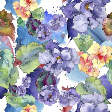 Mor ve turuncu gardania çiçek. Botanik çiçek. Sorunsuz arka plan deseni. Kumaş duvar kağıdı yazdırma doku. Arka plan, doku, sarıcı desen, çerçeve veya kenarlık için Aquarelle kır çiçeği.