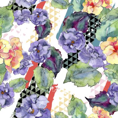 Mor ve turuncu gardania çiçek. Botanik çiçek. Sorunsuz arka plan deseni. Kumaş duvar kağıdı yazdırma doku. Arka plan, doku, sarıcı desen, çerçeve veya kenarlık için Aquarelle kır çiçeği.