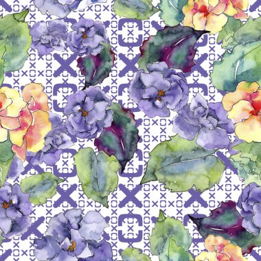 Mor ve turuncu gardania çiçek. Botanik çiçek. Sorunsuz arka plan deseni. Kumaş duvar kağıdı yazdırma doku. Arka plan, doku, sarıcı desen, çerçeve veya kenarlık için Aquarelle kır çiçeği.