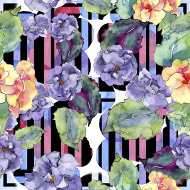 Mor ve turuncu gardania çiçek. Botanik çiçek. Sorunsuz arka plan deseni. Kumaş duvar kağıdı yazdırma doku. Arka plan, doku, sarıcı desen, çerçeve veya kenarlık için Aquarelle kır çiçeği.