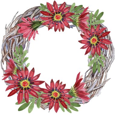 Kırmızı gazania çiçek. Botanik çiçek. Çerçeve kenarlığı süsleme Meydanı. Arka plan, doku, sarıcı desen, çerçeve veya kenarlık için Aquarelle kır çiçeği.