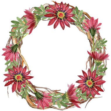 Kırmızı gazania çiçek. Botanik çiçek. Çerçeve kenarlığı süsleme Meydanı. Arka plan, doku, sarıcı desen, çerçeve veya kenarlık için Aquarelle kır çiçeği.