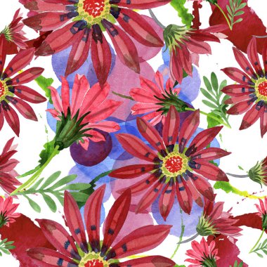 Kırmızı gazania çiçekler. Botanik çiçek. Sorunsuz arka plan deseni. Kumaş duvar kağıdı yazdırma doku. Arka plan, doku, sarıcı desen, çerçeve veya kenarlık için Aquarelle kır çiçeği.