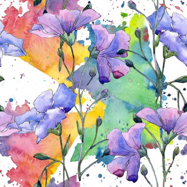 Mavi keten çiçekler. Botanik çiçek. Sorunsuz arka plan deseni. Kumaş duvar kağıdı yazdırma doku. Arka plan, doku, sarıcı desen, çerçeve veya kenarlık için Aquarelle kır çiçeği.