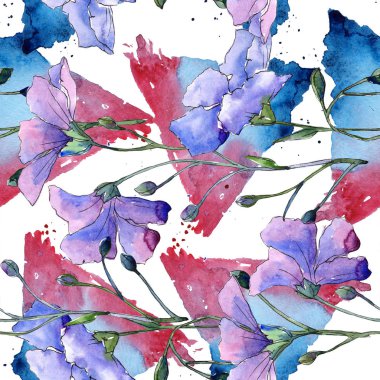 Mavi keten çiçekler. Botanik çiçek. Sorunsuz arka plan deseni. Kumaş duvar kağıdı yazdırma doku. Arka plan, doku, sarıcı desen, çerçeve veya kenarlık için Aquarelle kır çiçeği.