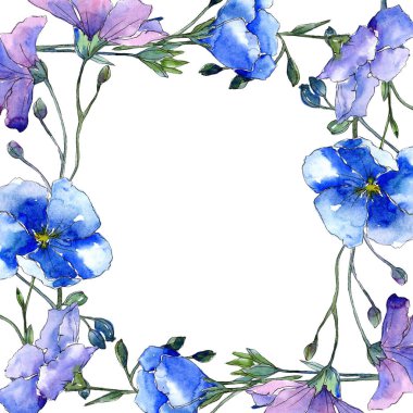 Mavi keten çiçek. Botanik çiçek. Çerçeve kenarlığı süsleme Meydanı. Arka plan, doku, sarıcı desen, çerçeve veya kenarlık için Aquarelle kır çiçeği.