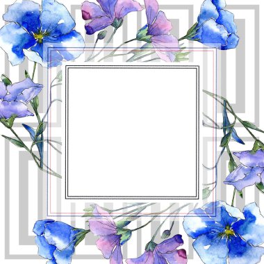 Mavi keten çiçek. Botanik çiçek. Çerçeve kenarlığı süsleme Meydanı. Arka plan, doku, sarıcı desen, çerçeve veya kenarlık için Aquarelle kır çiçeği.