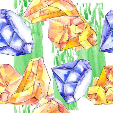 Renkli elmas taş takı mineral. Sorunsuz arka plan deseni. Kumaş duvar kağıdı yazdırma doku. Geometrik kuvars çokgen kristal taş mozaik şekil Ametist mücevher.