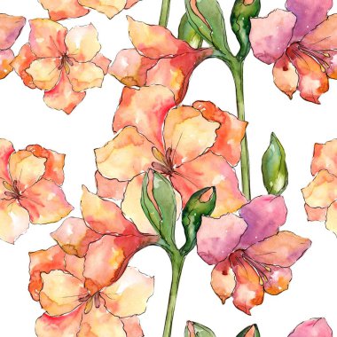 Turuncu nergis zambağı. Botanik çiçek. Sorunsuz arka plan deseni. Kumaş duvar kağıdı yazdırma doku. Arka plan, doku, sarıcı desen, çerçeve veya kenarlık için Aquarelle kır çiçeği.