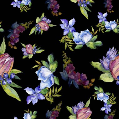 Renkli buket tropik çiçekler. Botanik çiçek. Sorunsuz arka plan deseni. Kumaş duvar kağıdı yazdırma doku. Arka plan, doku, sarıcı desen, çerçeve veya kenarlık için Aquarelle kır çiçeği.