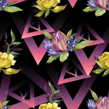 Renkli buket tropik çiçekler. Botanik çiçek. Sorunsuz arka plan deseni. Kumaş duvar kağıdı yazdırma doku. Arka plan, doku, sarıcı desen, çerçeve veya kenarlık için Aquarelle kır çiçeği.