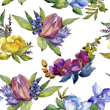 Renkli buket tropik çiçekler. Botanik çiçek. Sorunsuz arka plan deseni. Kumaş duvar kağıdı yazdırma doku. Arka plan, doku, sarıcı desen, çerçeve veya kenarlık için Aquarelle kır çiçeği.