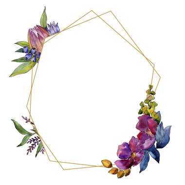 Renkli buket tropik çiçekler. Botanik çiçek. Çerçeve kenarlığı süsleme Meydanı. Arka plan, doku, sarıcı desen, çerçeve veya kenarlık için Aquarelle kır çiçeği.