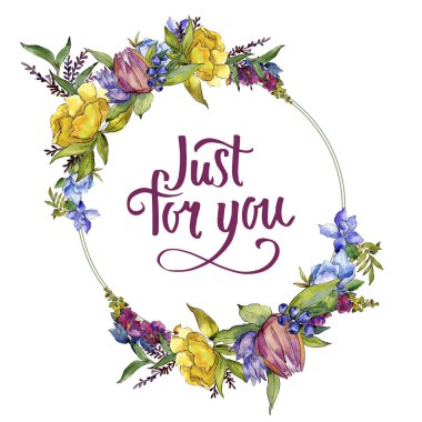 Renkli buket tropik çiçekler. Botanik çiçek. Çerçeve kenarlığı süsleme Meydanı. Arka plan, doku, sarıcı desen, çerçeve veya kenarlık için Aquarelle kır çiçeği.