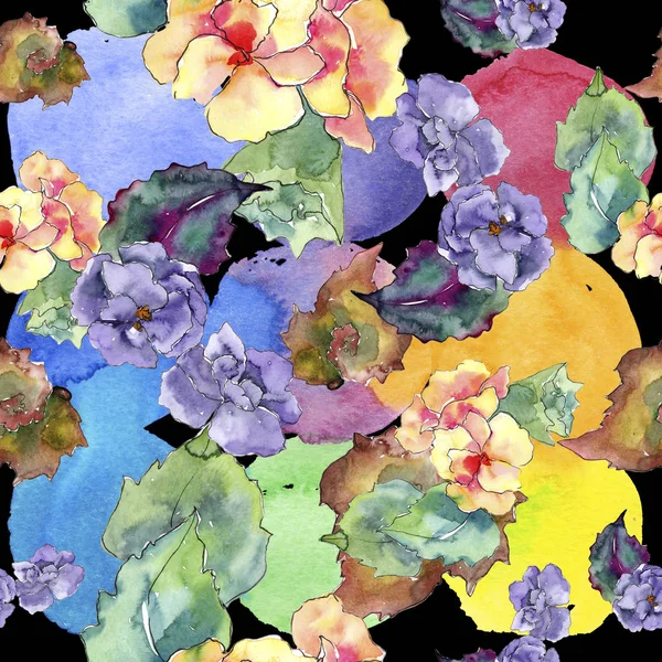 紫とオレンジ色の Gardania 花植物の花 シームレスな背景パターン 壁紙印刷手触りの生地 テクスチャ ラッパー パターン フレームや境界線の Aquarelle — ストック写真