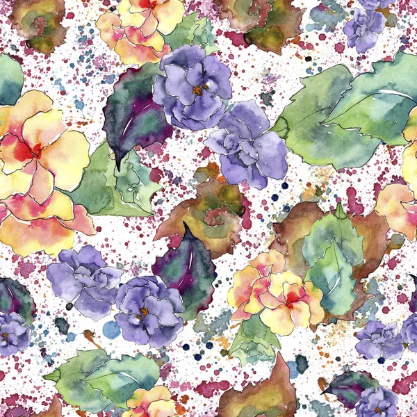Purple and orange gardania flower. Floral botanical flower. Seamless background pattern. Fabric wallpaper print texture. Aquarelle wildflower for background, texture, wrapper pattern, frame or border.