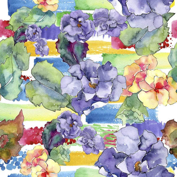 紫色和橙色的 Gardania 花卉植物花 无缝的背景图案 织物墙纸打印纹理 包装图案 框架或边框的水彩画野花 — 图库照片