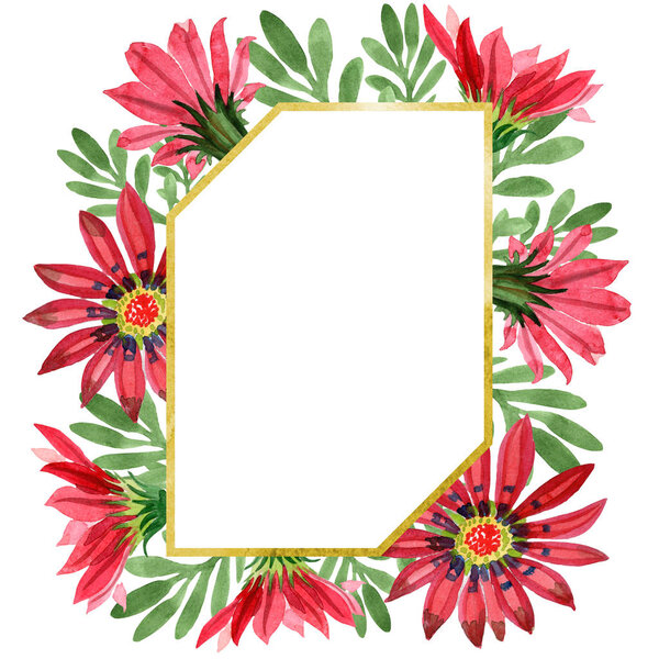 Red gazania flower. Floral botanical flower.Frame border ornament square. Aquarelle wildflower for background, texture, wrapper pattern, frame or border.