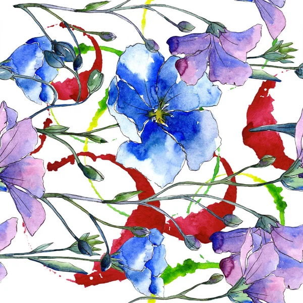 Niebieskie Kwiaty Lnu Botaniczny Kwiat Kwiatowy Bezszwowe Tło Wzór Tkanina — Zdjęcie stockowe