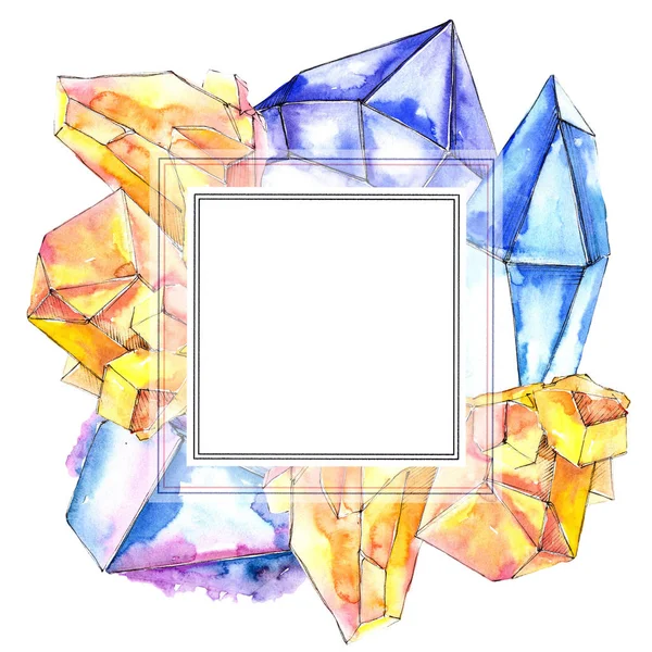Colorful diamond rock jewelry mineral. Frame border ornament square. Geometric quartz polygon crystal stone mosaic shape amethyst gem.
