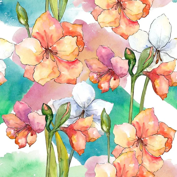 Oranžové a bílé amaryllis. Květinové botanické květin. Vzor bezešvé pozadí. — Stock fotografie
