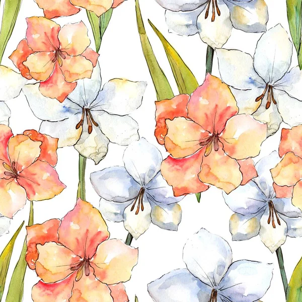 Orange and white amaryllis. Floral botanical flower. Seamless background pattern. — Stock Photo, Image