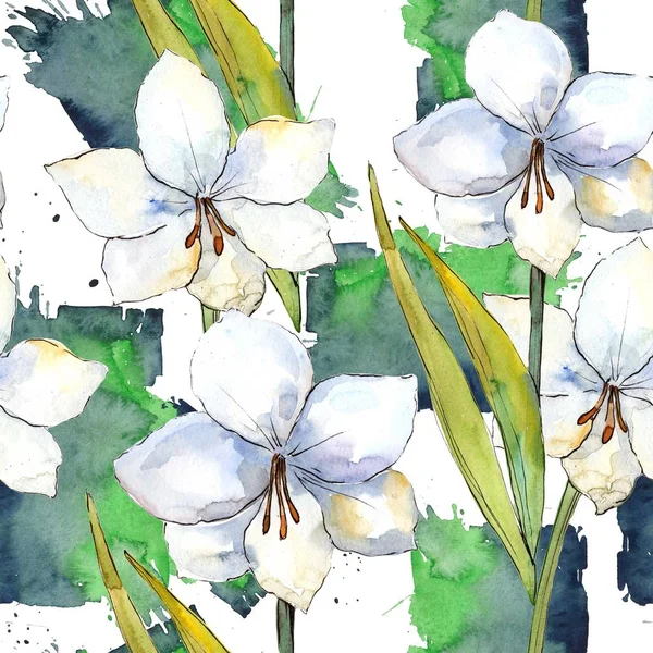 White Amaryllis Floral Botanical Flower Seamless Background Pattern Fabric Wallpaper — Stock Photo, Image
