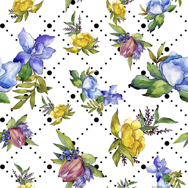 Colorful bouquet tropical flowers. Floral botanical flower. Seamless background pattern. Fabric wallpaper print texture. Aquarelle wildflower for background, texture, wrapper pattern, frame or border.