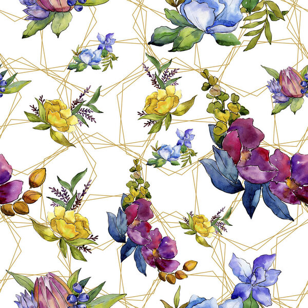 Colorful bouquet tropical flowers. Floral botanical flower. Seamless background pattern. Fabric wallpaper print texture. Aquarelle wildflower for background, texture, wrapper pattern, frame or border.