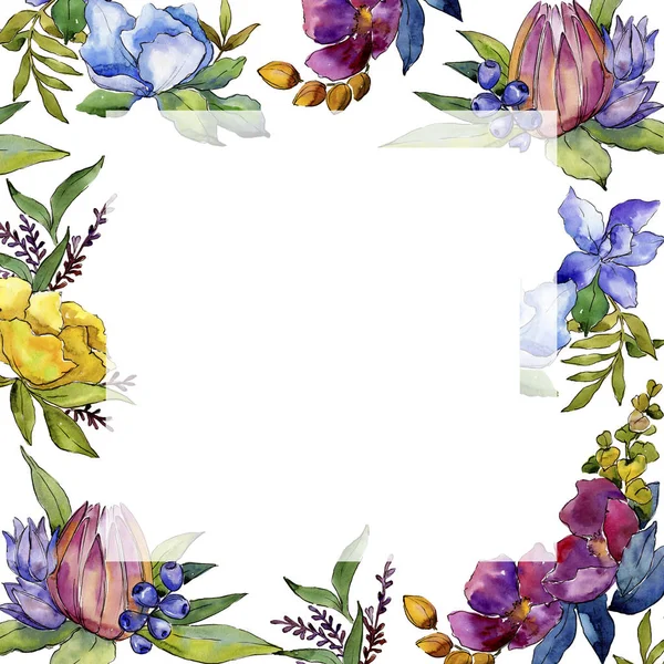 Barevné Kytice Tropických Květin Květinové Botanické Květin Frame Hranice Ozdoba — Stock fotografie